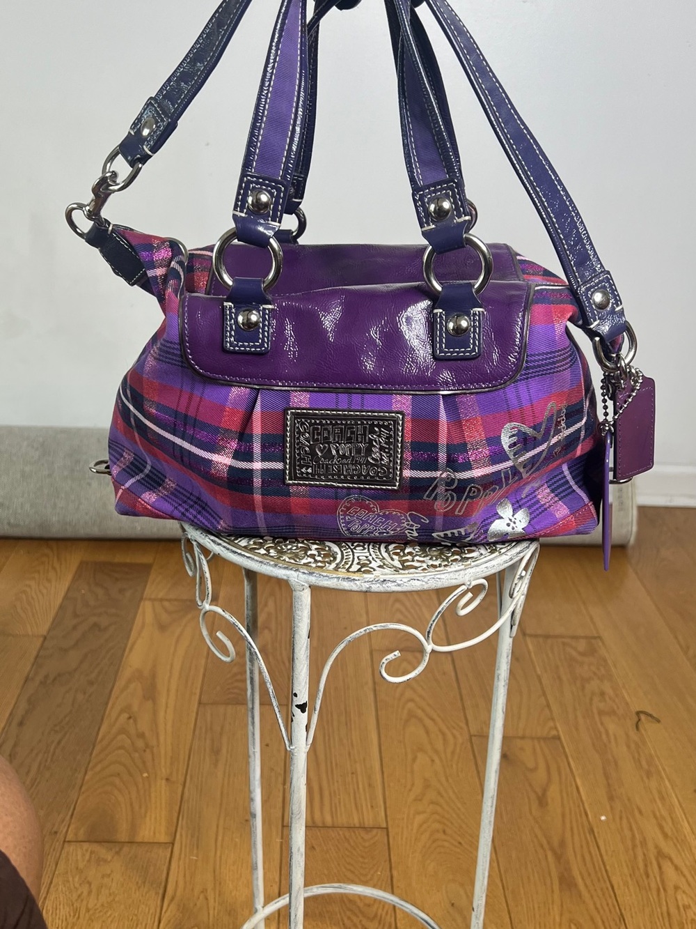 Coach Purple Plaid Satchel with Pink Accents - Picture 2 of 10